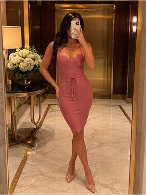 Meilun Antique Pink Bandage Bodycon Midi Dress XS Belted